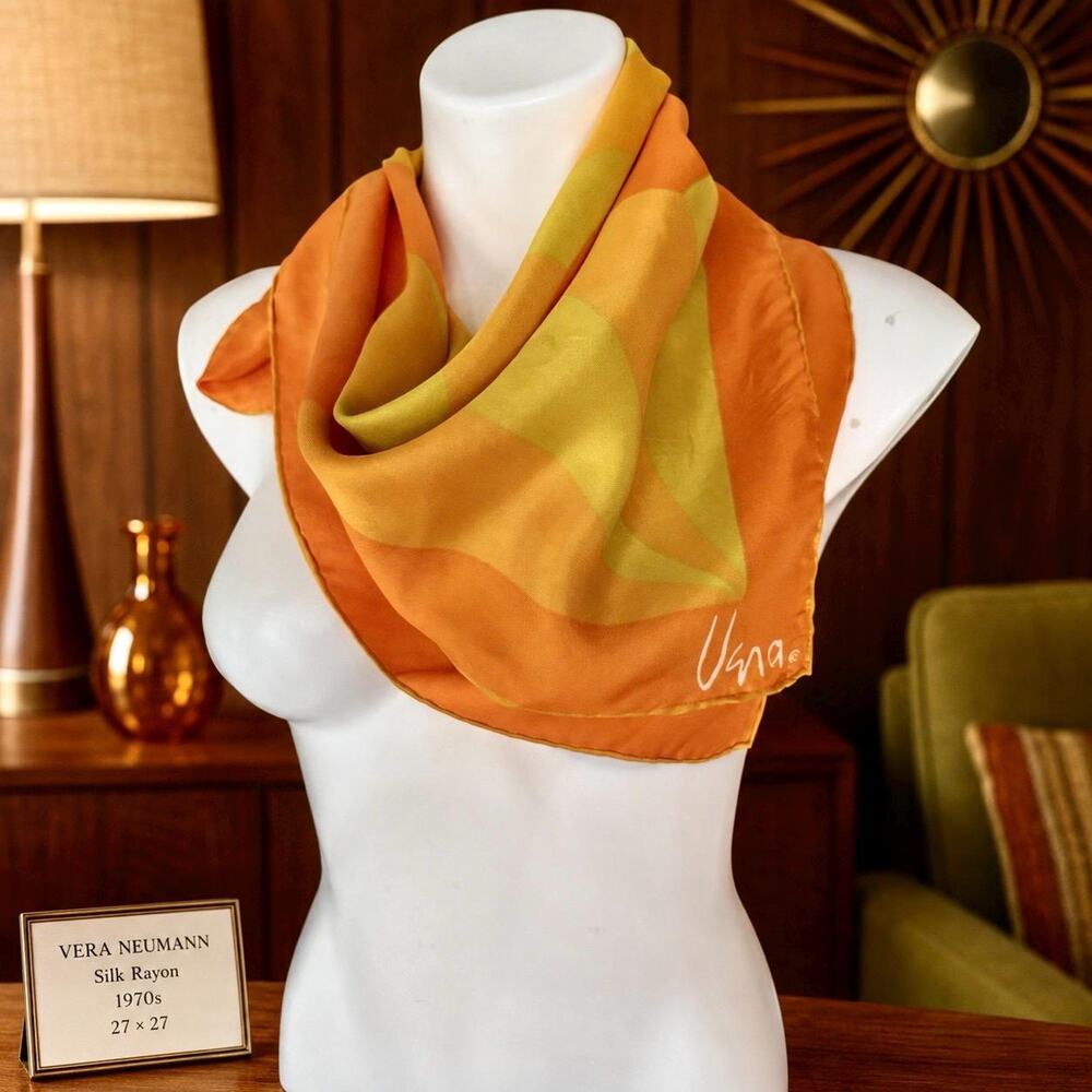 Vintage Vera Neumann Silk Japan Scarf 1970s Op Art Geometric Orange Green 27x27